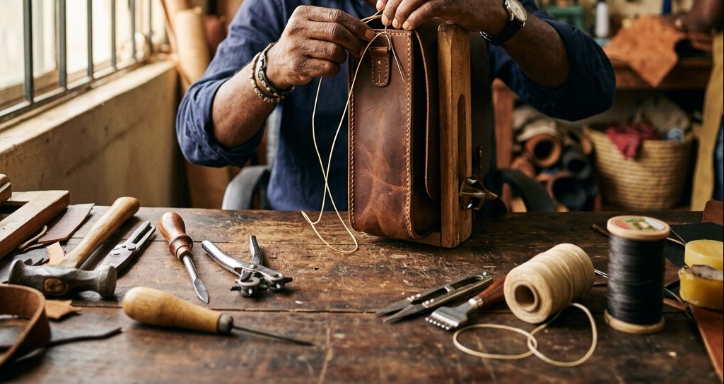Artisan leatherwork scene inside the atelier